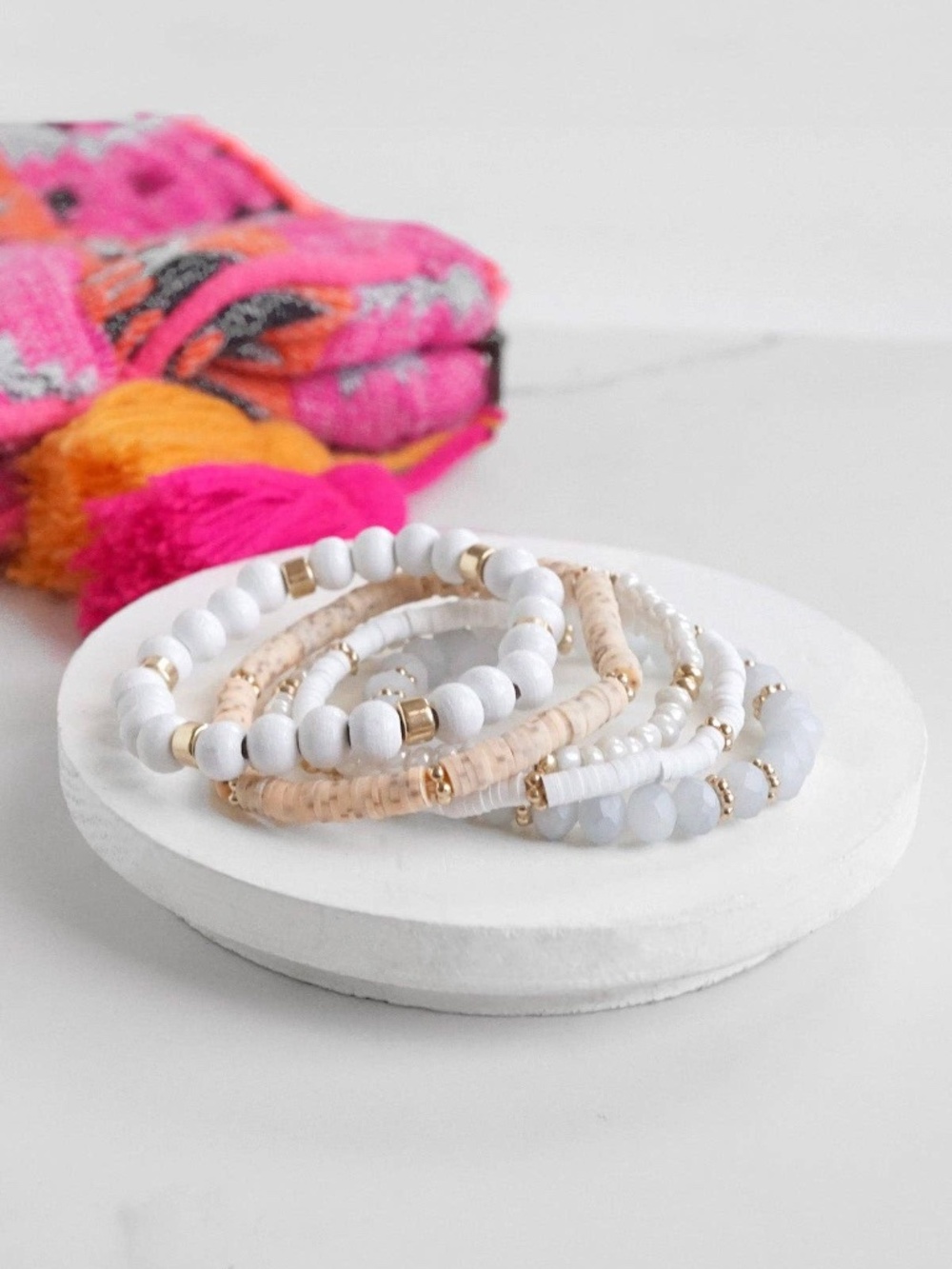 Summer Fresh Neutrals stack clay glass wood beads bracelets set